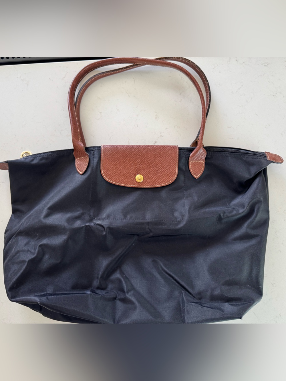 Longchamp Navy Nylon Tote with Brown Leather Trim